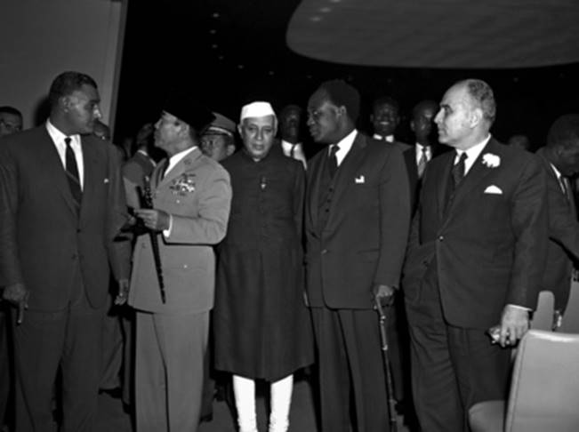 Some members of the fiercely anti-colonial Afro-Asian bloc: seen here on 04 October 1960, including, from left to right: Gamal Abdel Nasser, President of the United Arab Republic; Dr. Sukarno, President of the Republic of Indonesia; Jawaharlal Nehru, Prime Minister of India, Dr. Kwame Nkrumah, President of Ghana and Mr. Saeb Salaam, President of the Council of Ministers of Lebanon